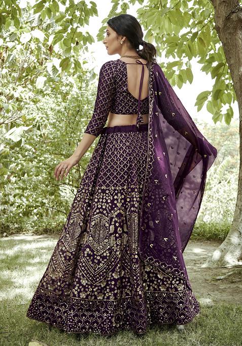 Dark Purple Sequin Embroidered Georgette Lehenga Set
