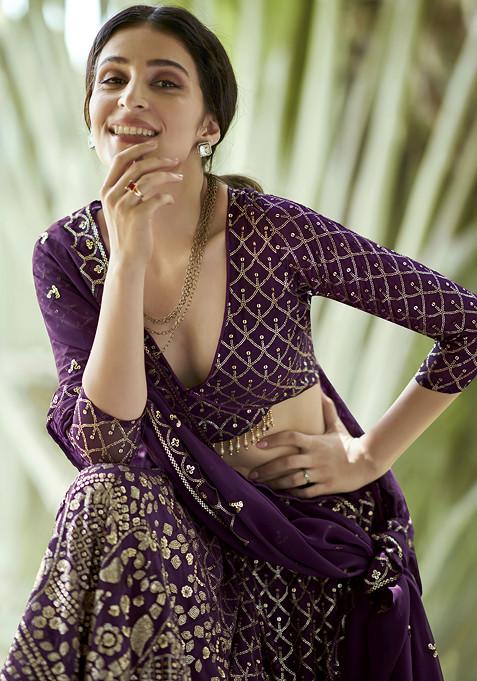 Dark Purple Sequin Embroidered Georgette Lehenga Set