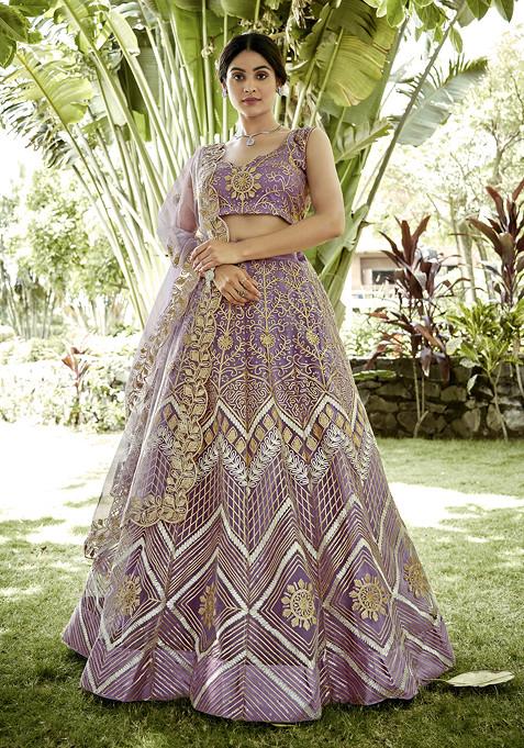 Onion Ribbon Work Net Lehenga Set