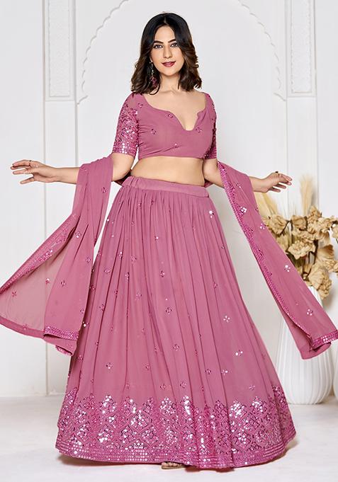 Dusty Pink Sequin Embroidered Georgette Lehenga Set
