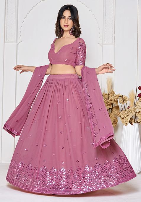 Dusty Pink Sequin Embroidered Georgette Lehenga Set