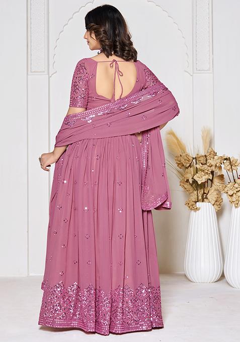Dusty Pink Sequin Embroidered Georgette Lehenga Set
