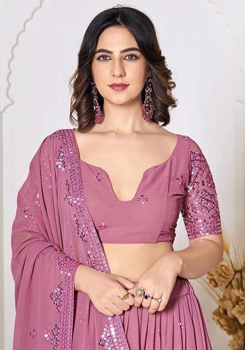Dusty Pink Sequin Embroidered Georgette Lehenga Set