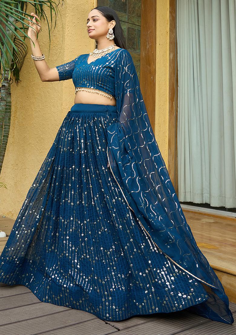Turquoise Sequin Embroidered Georgette Lehenga Set
