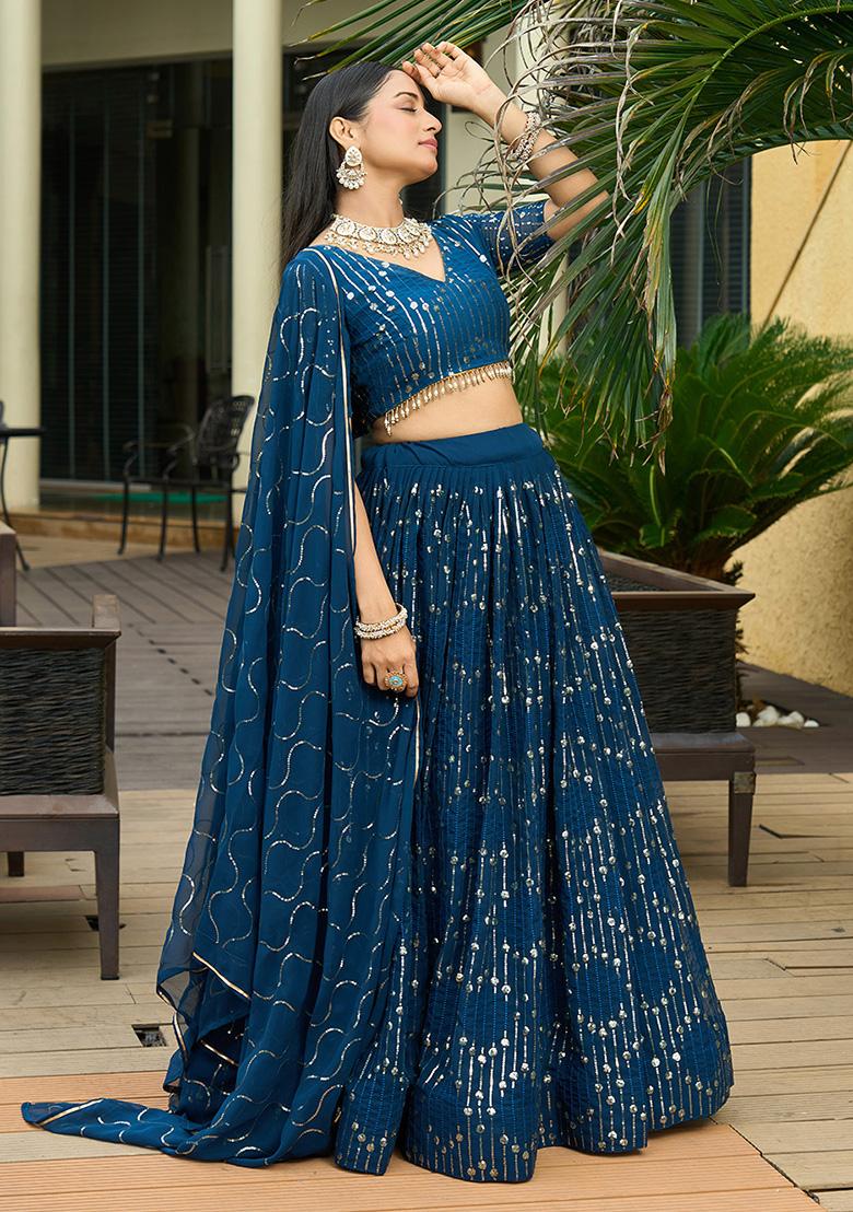 Turquoise Sequin Embroidered Georgette Lehenga Set
