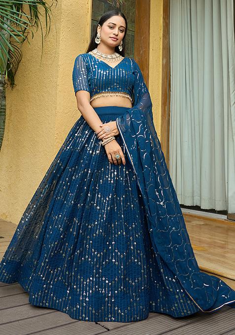 Turquoise Sequin Embroidered Georgette Lehenga Set