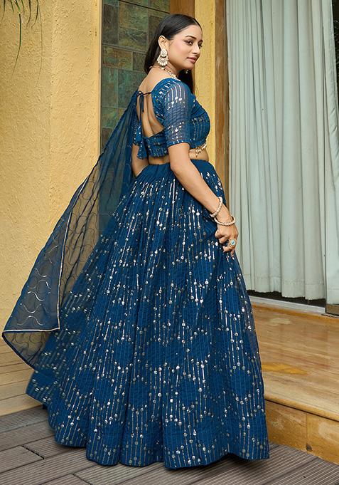 Turquoise Sequin Embroidered Georgette Lehenga Set