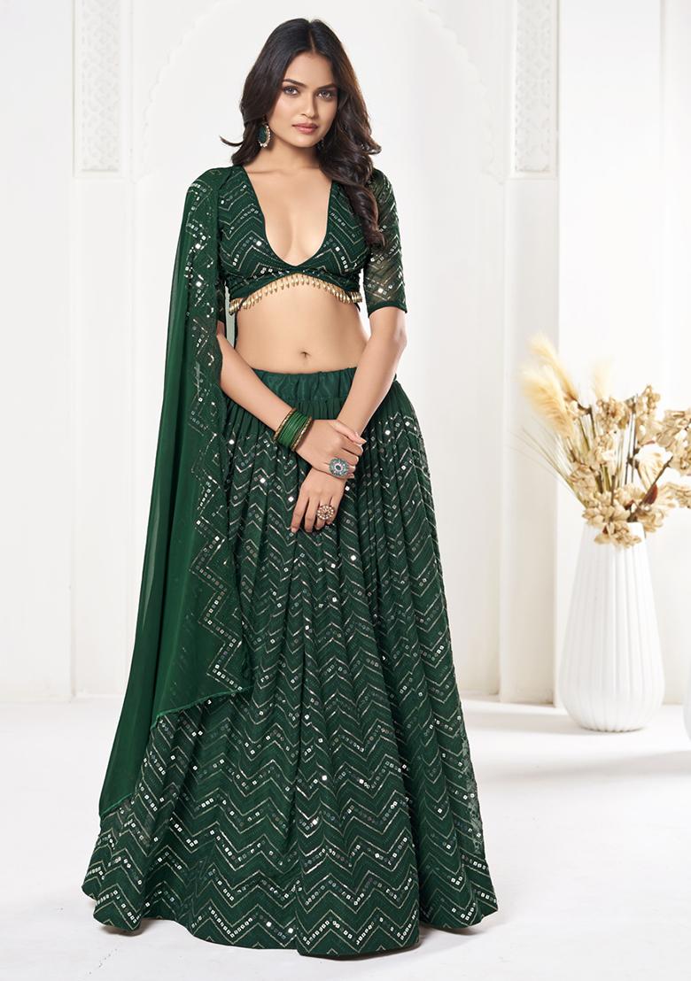 Green Sequin Embroidered Georgette Lehenga Set