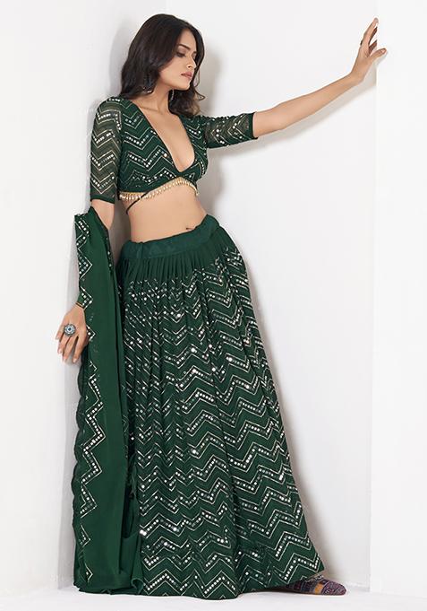 Green Sequin Embroidered Georgette Lehenga Set