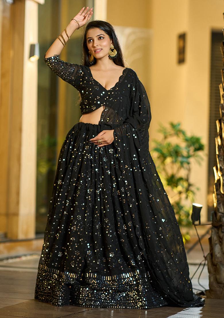 Black Sequin Embroidered Georgette Lehenga Set