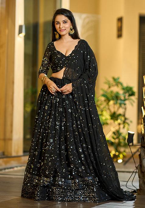 Black Sequin Embroidered Georgette Lehenga Set