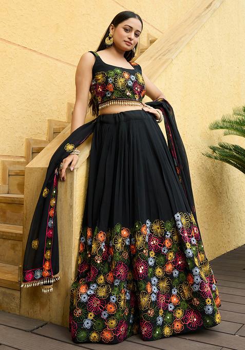 Black Embroidered Georgette Lehenga Set