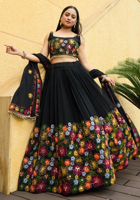 Black Embroidered Georgette Lehenga Set