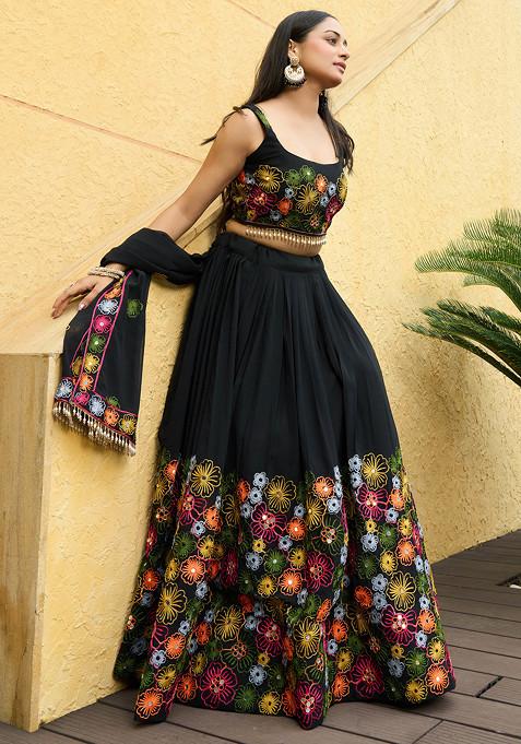 Black Embroidered Georgette Lehenga Set