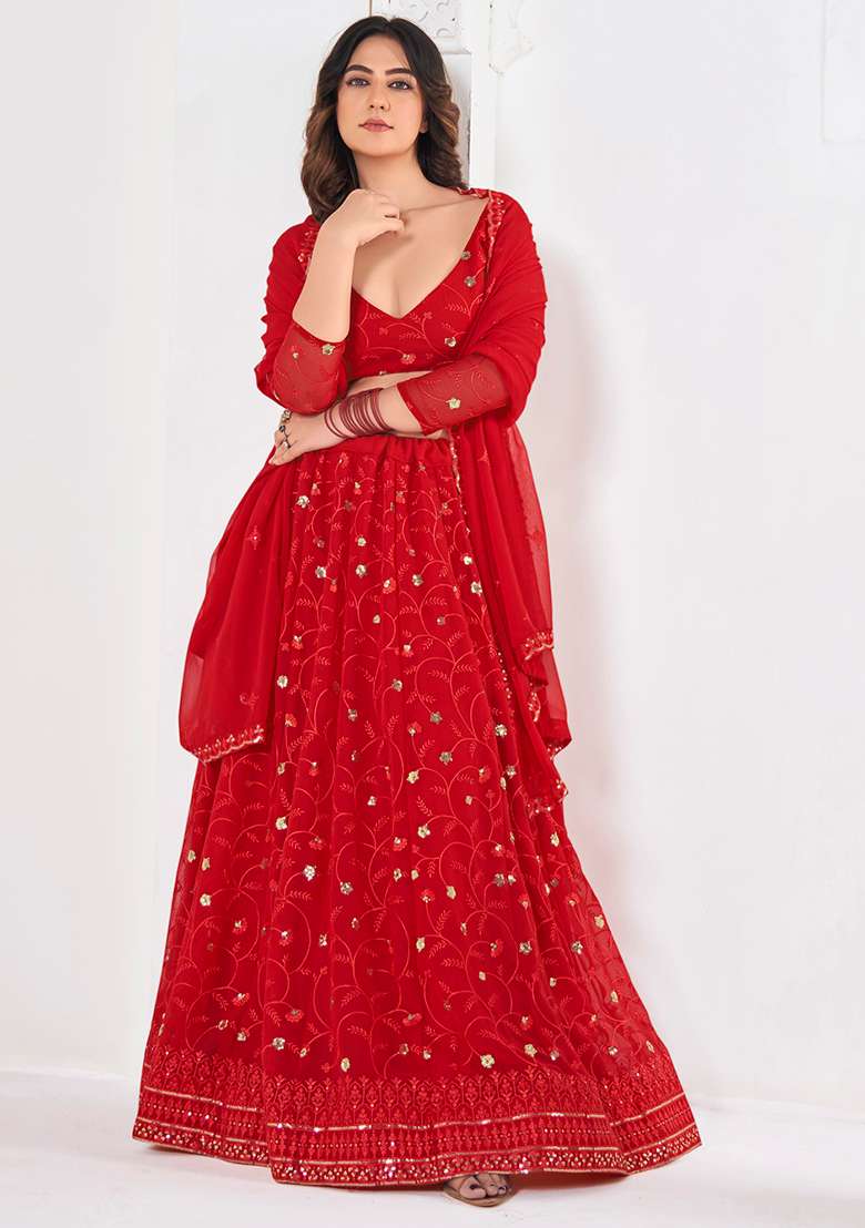Red Sequin Embroidered Georgette Lehenga Set for Diwali and Festive Wear - Indya