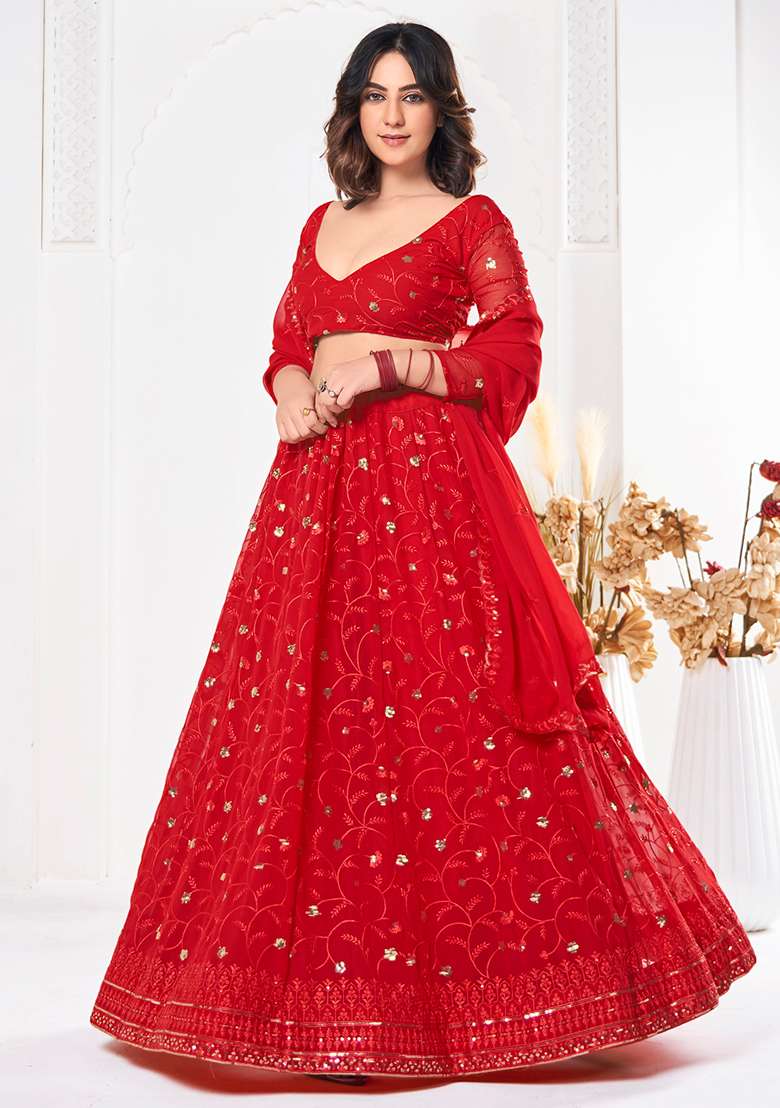 Red Sequin Embroidered Georgette Lehenga Set for Diwali and Festive Wear - Indya