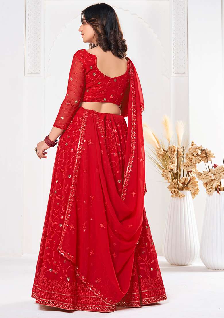 Red Sequin Embroidered Georgette Lehenga Set for Diwali and Festive Wear - Indya