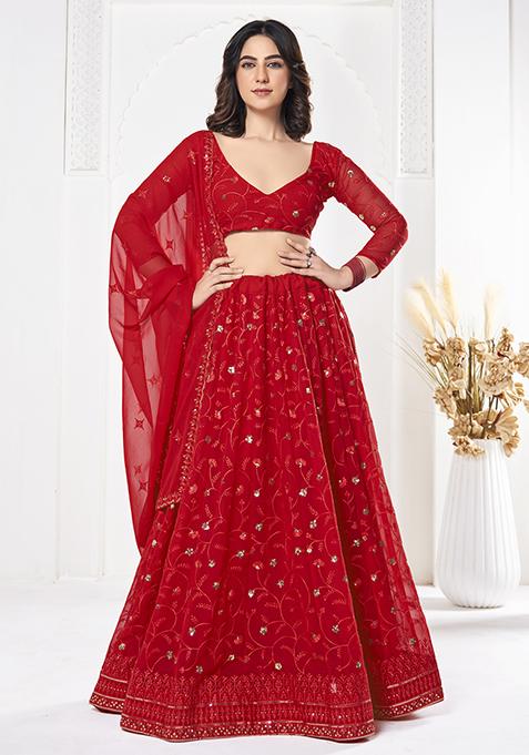 Red Sequin Embroidered Georgette Lehenga Set