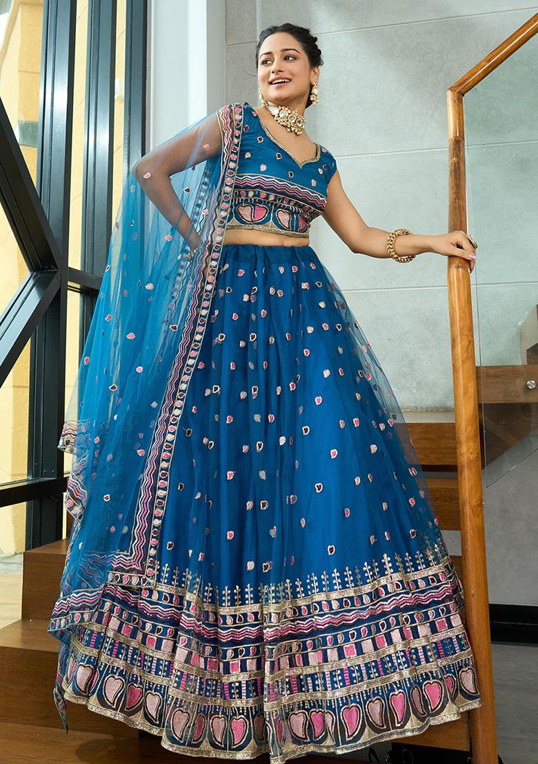 Turquoise Sequin Embroidered Net Lehenga Set