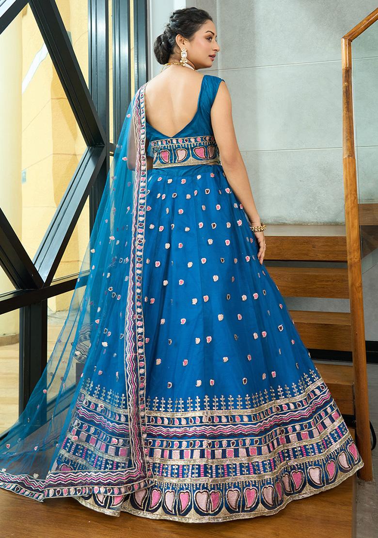 Turquoise Sequin Embroidered Net Lehenga Set