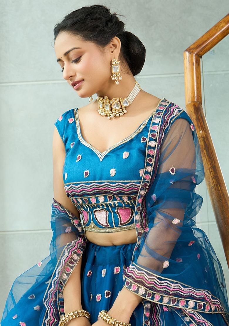 Turquoise Sequin Embroidered Net Lehenga Set