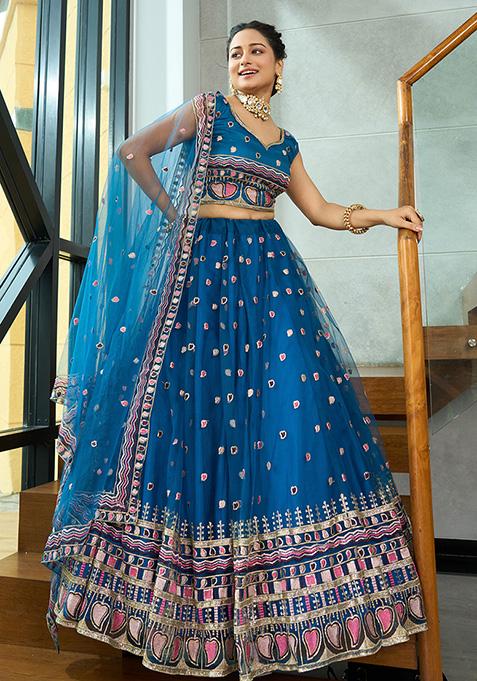 Turquoise Sequin Embroidered Net Lehenga Set