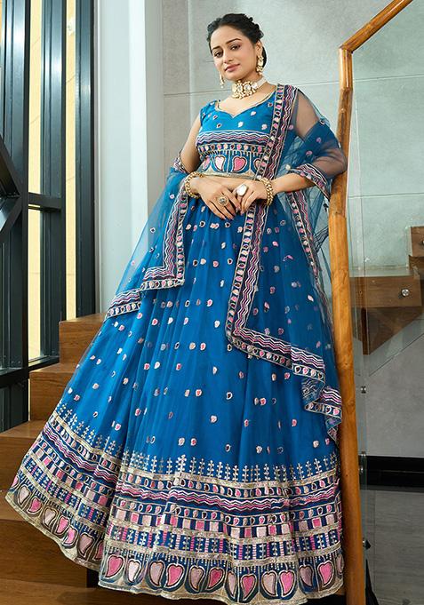 Turquoise Sequin Embroidered Net Lehenga Set