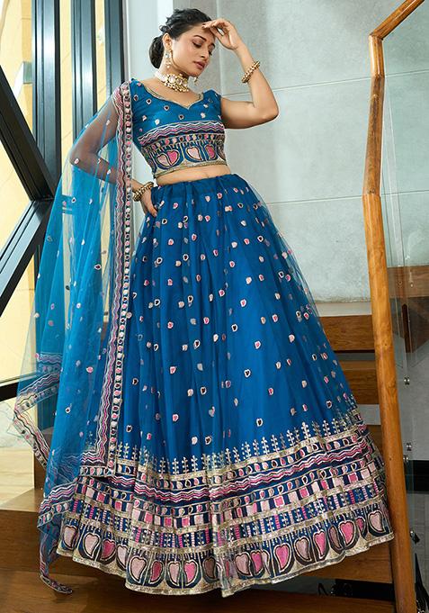 Turquoise Sequin Embroidered Net Lehenga Set
