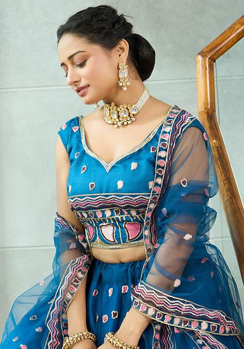 Turquoise Sequin Embroidered Net Lehenga Set