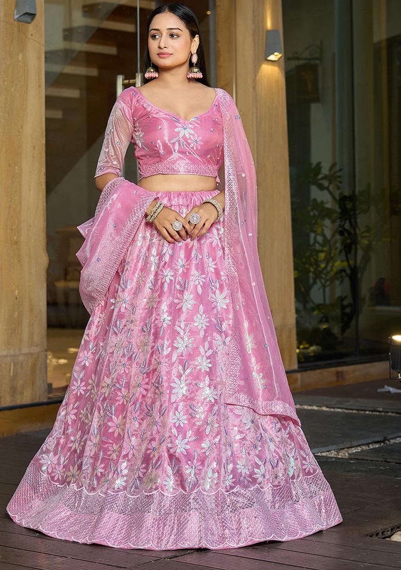 Pink Sequin Embroidered Silk Net Lehenga Set