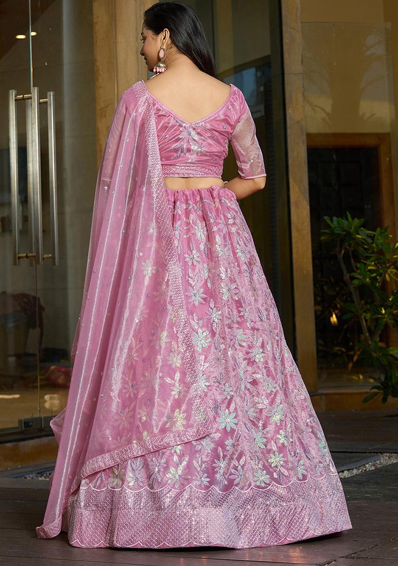 Pink Sequin Embroidered Silk Net Lehenga Set