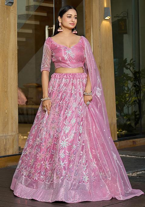 Pink Sequin Embroidered Silk Net Lehenga Set