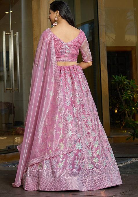 Pink Sequin Embroidered Silk Net Lehenga Set