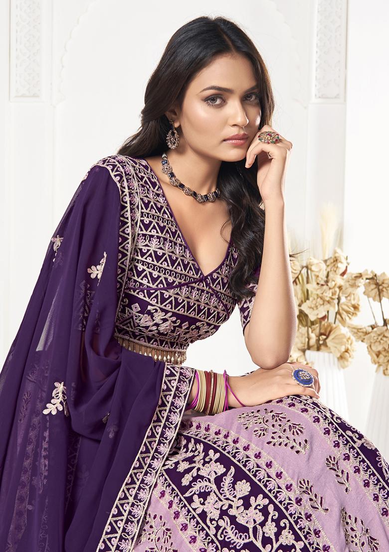 Purple Thread Embroidered Georgette Lehenga Set