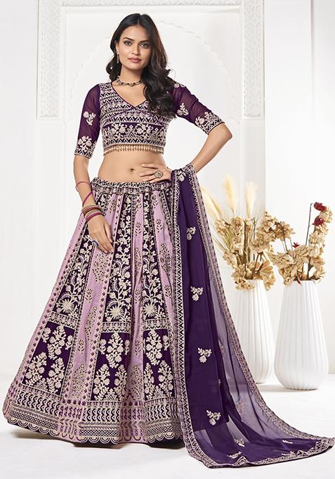 Purple Thread Embroidered Georgette Lehenga Set