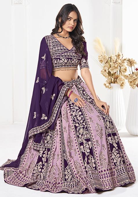 Purple Thread Embroidered Georgette Lehenga Set