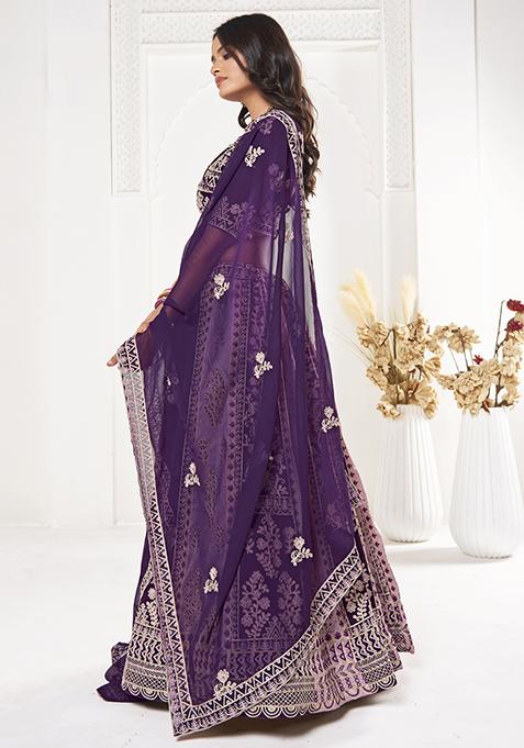Purple Thread Embroidered Georgette Lehenga Set