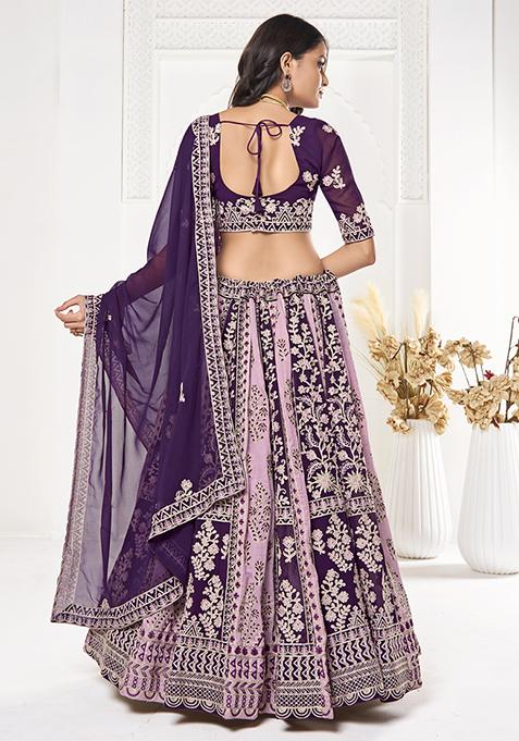 Purple Thread Embroidered Georgette Lehenga Set