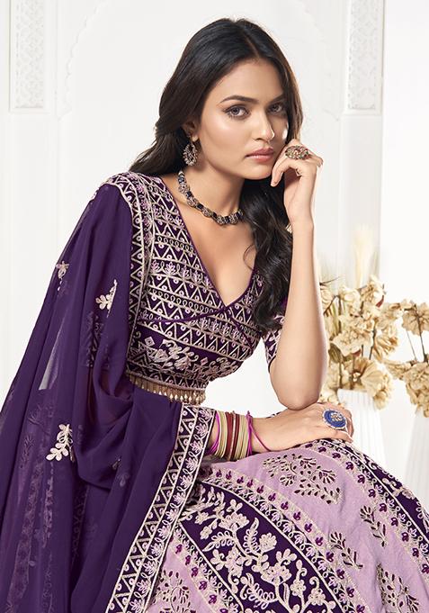 Purple Thread Embroidered Georgette Lehenga Set