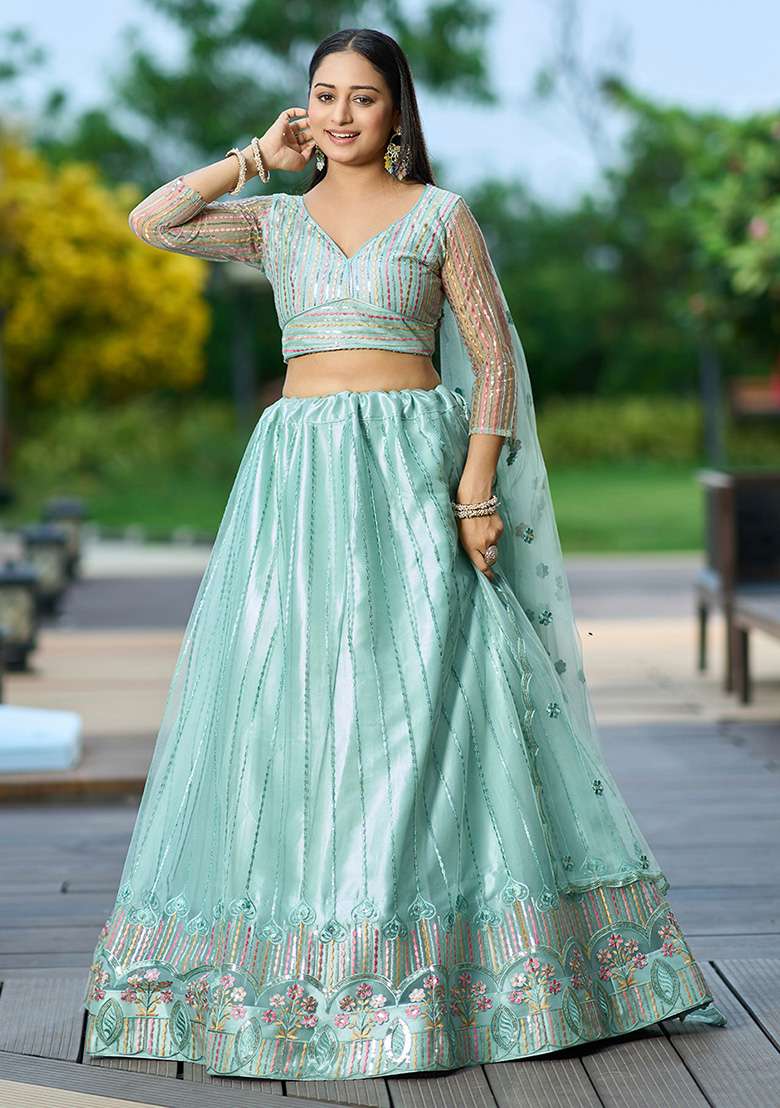 Pista Sequin Thread Embroidered Net Lehenga Set for Diwali and Festive Wear - Indya
