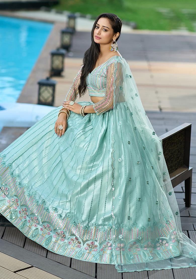 Pista Sequin Thread Embroidered Net Lehenga Set