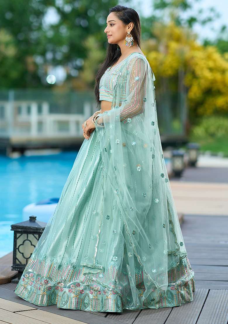 Pista Sequin Thread Embroidered Net Lehenga Set for Diwali and Festive Wear - Indya