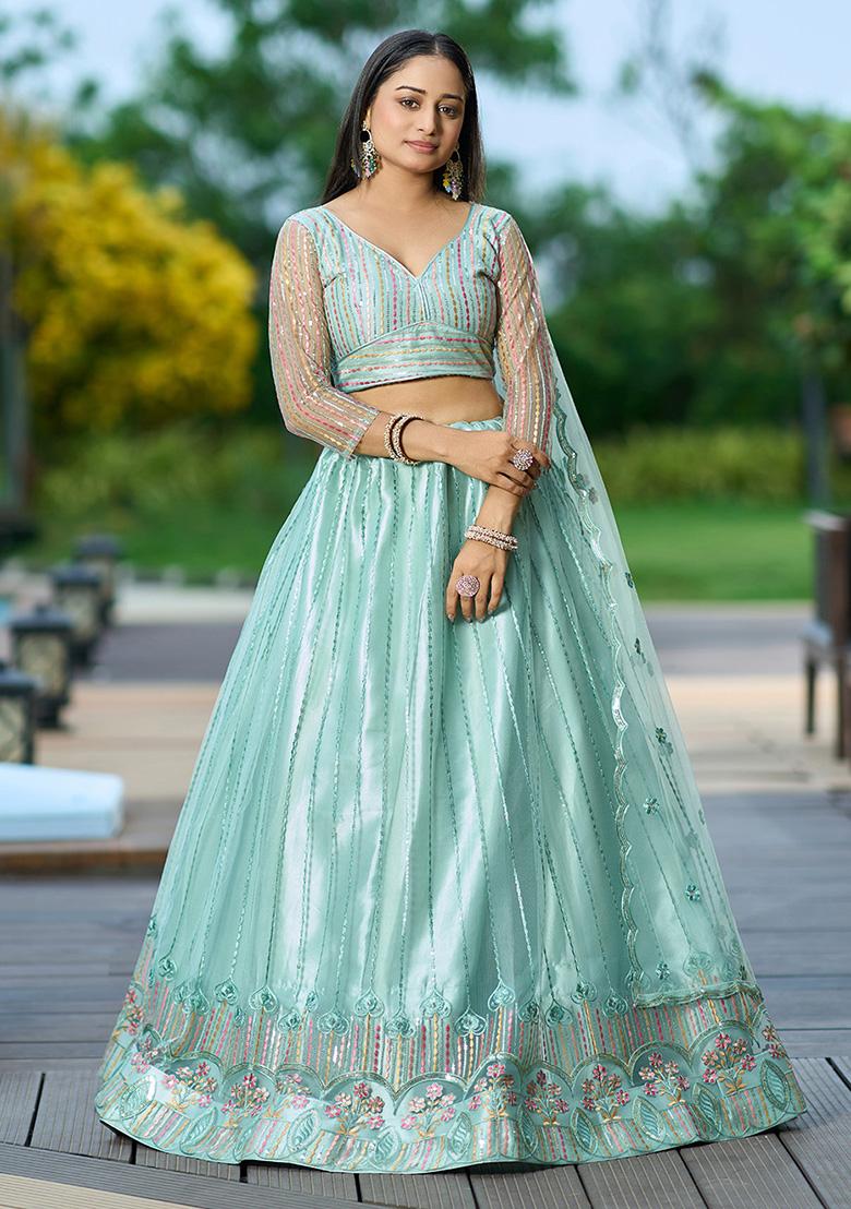 Pista Sequin Thread Embroidered Net Lehenga Set