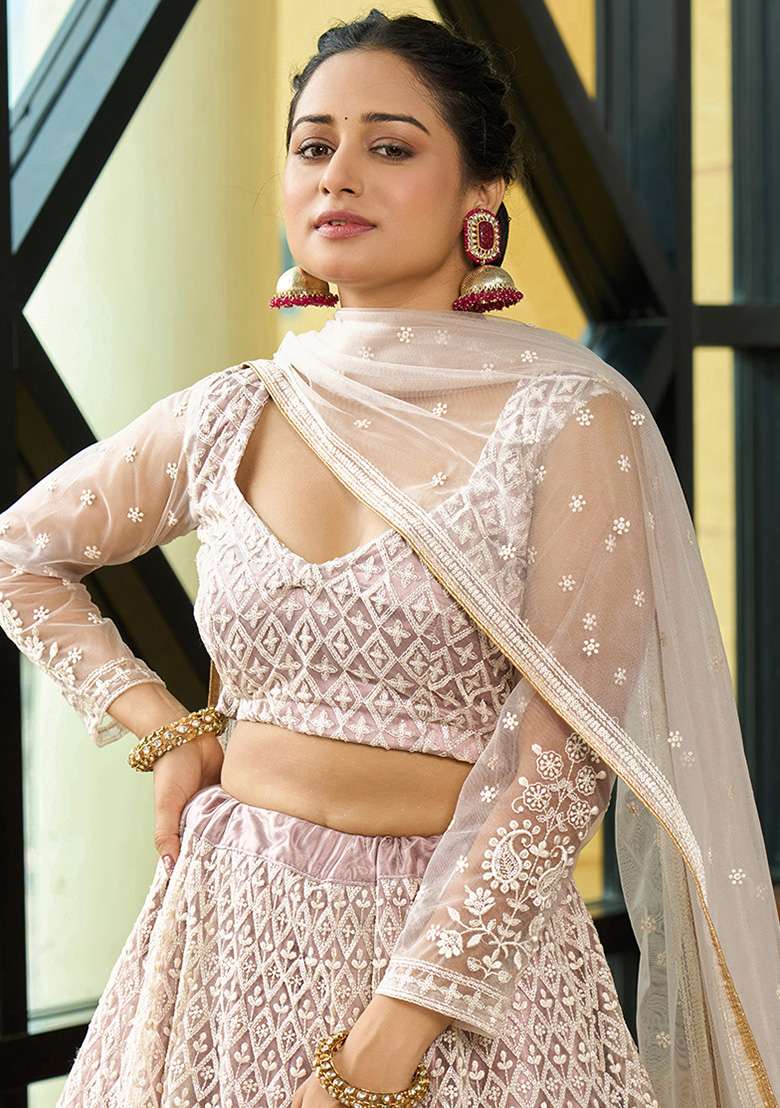 Cream Net Lehenga Set with Embroidered for Diwali | Wedding & Festive Wear - Indya