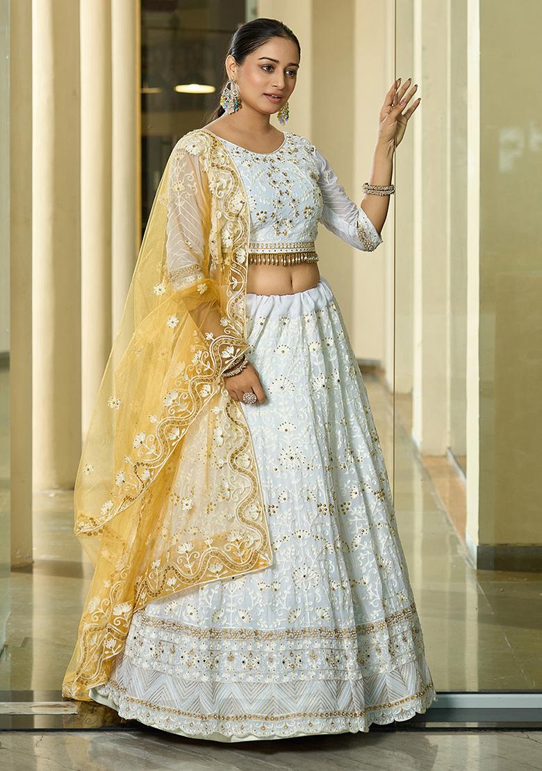Yellow And White Embroidered Georgette Lehenga Set