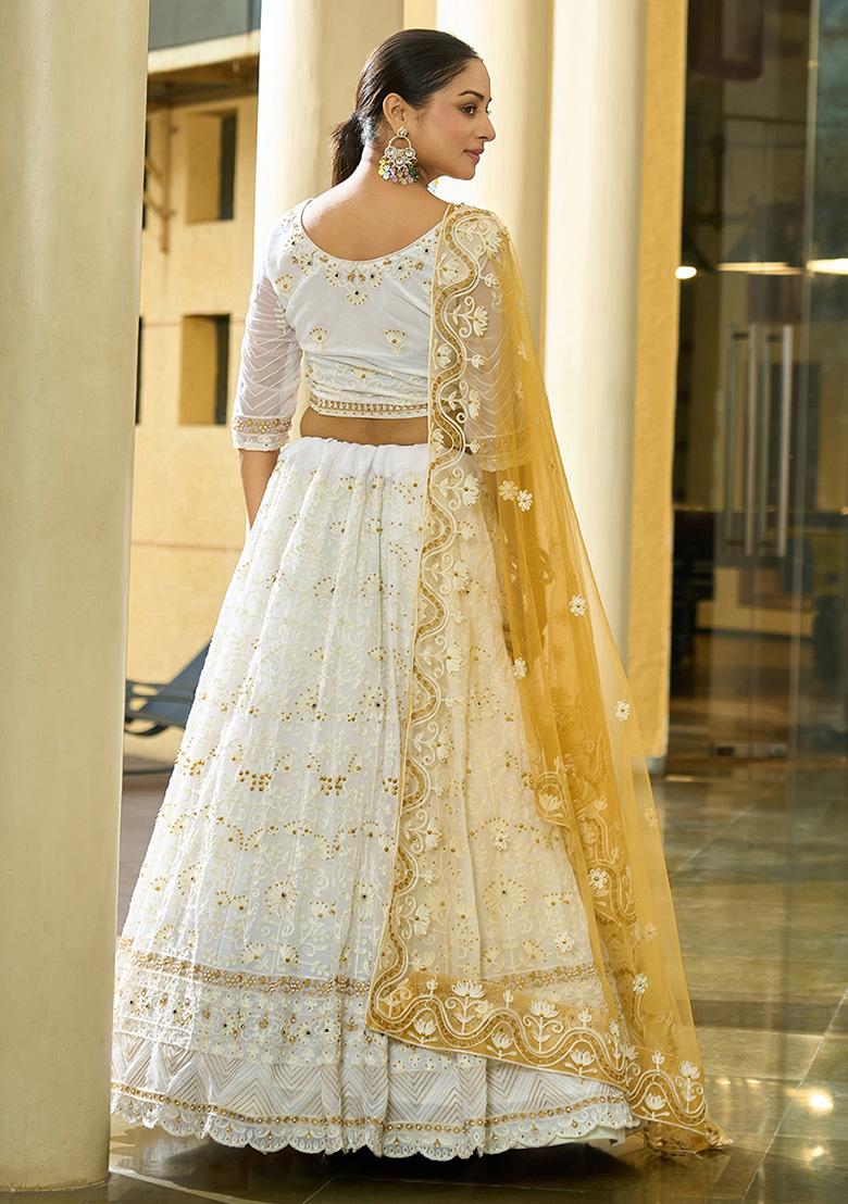Yellow And White Embroidered Georgette Lehenga Set