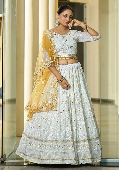 Yellow And White Embroidered Georgette Lehenga Set