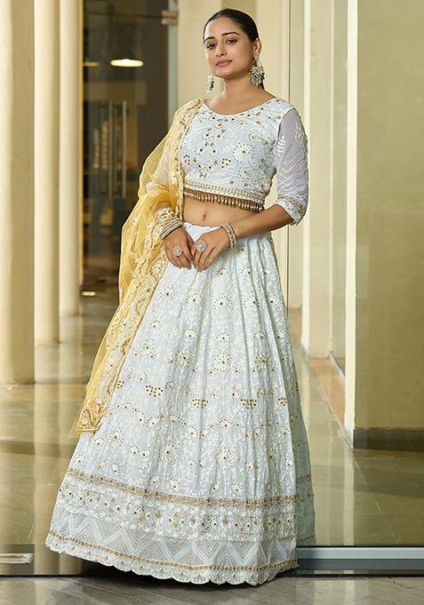 Yellow And White Embroidered Georgette Lehenga Set