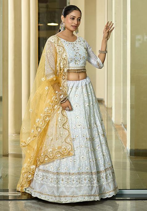 Yellow And White Embroidered Georgette Lehenga Set