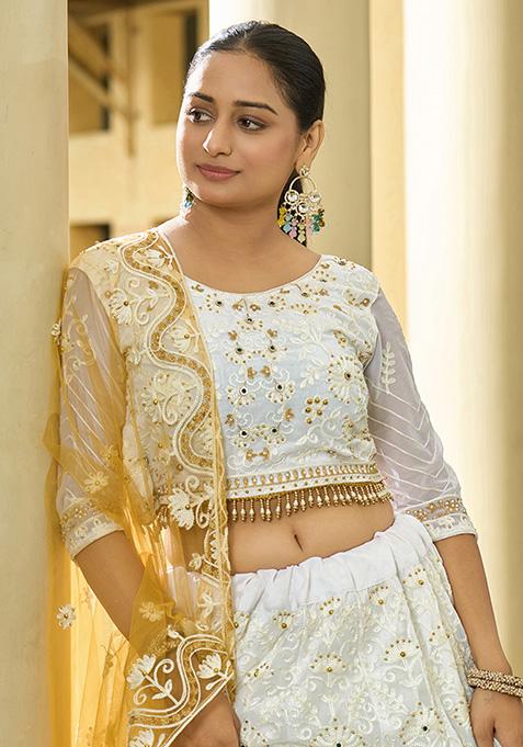 Yellow And White Embroidered Georgette Lehenga Set